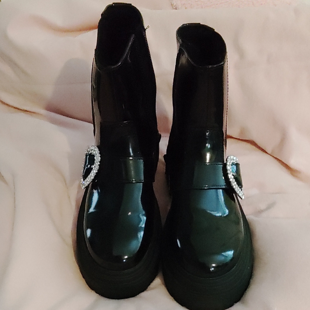 Zara Shiny Black Boots with Heart Buckle